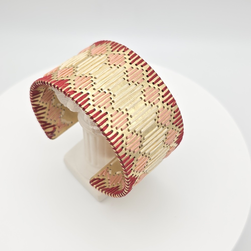 NEW LUCKY BRAND Cuff Bracelet Stitched Coral Cream Red Thread Gold Tone MSRP $59